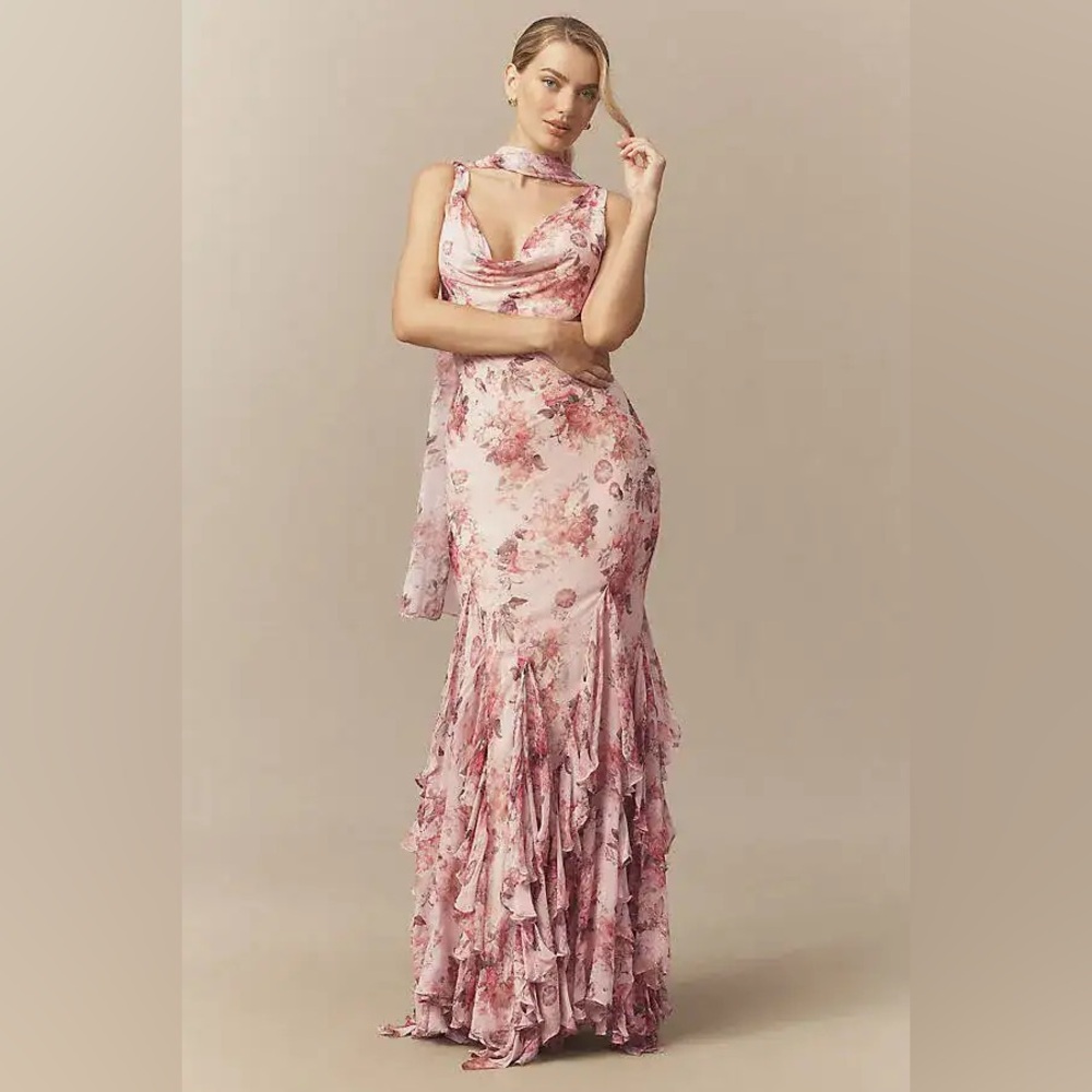 BHLDN Lauren Mermaid Ruffle Chiffon Maxi Dress Size Large